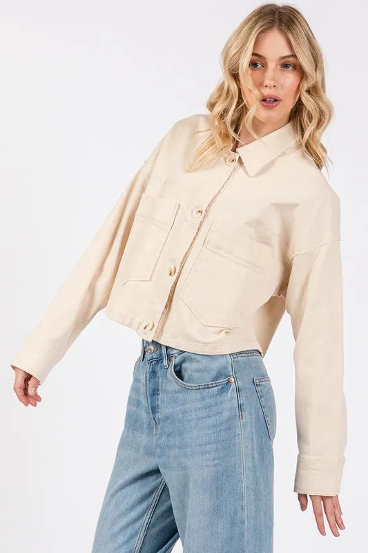 Bytos Button Down Cropped Denim Jacket With Patch Pockets In Cream - Love Salve