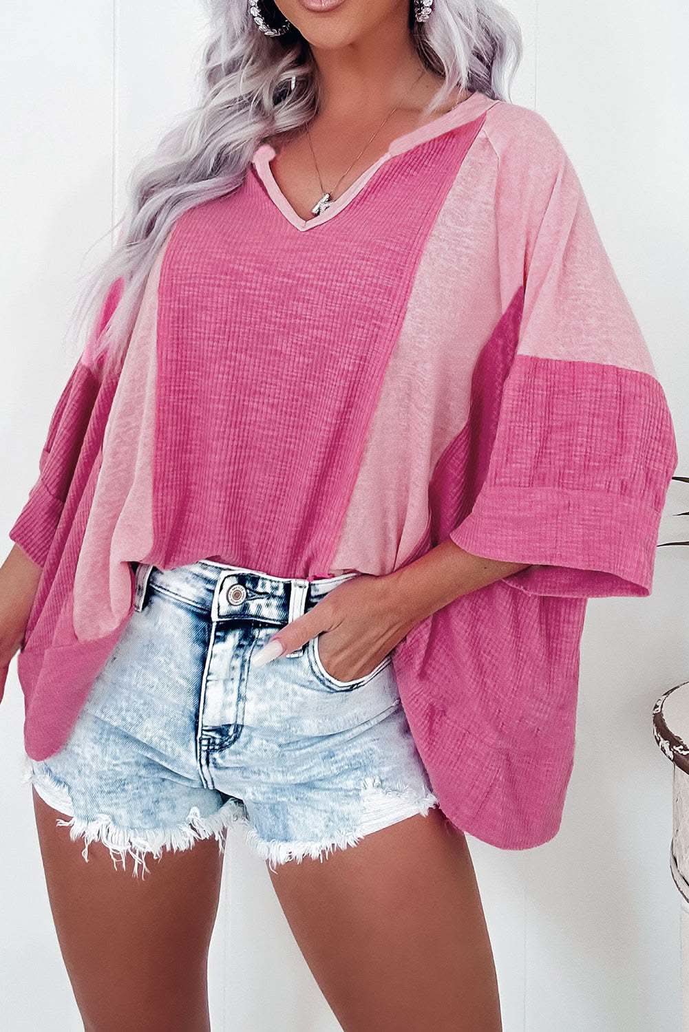 Bright Pink Textured Colorblock 3/4 Sleeve Oversize Top - Love Salve