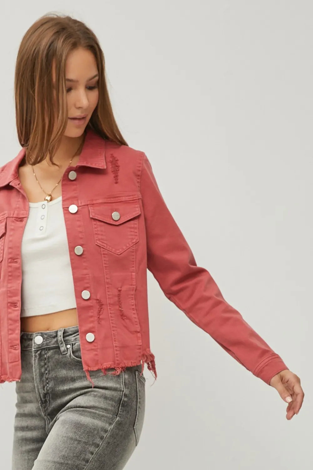 Risen Full Size Raw Hem Button Up Cropped Denim Jacket Plus Size - Love Salve