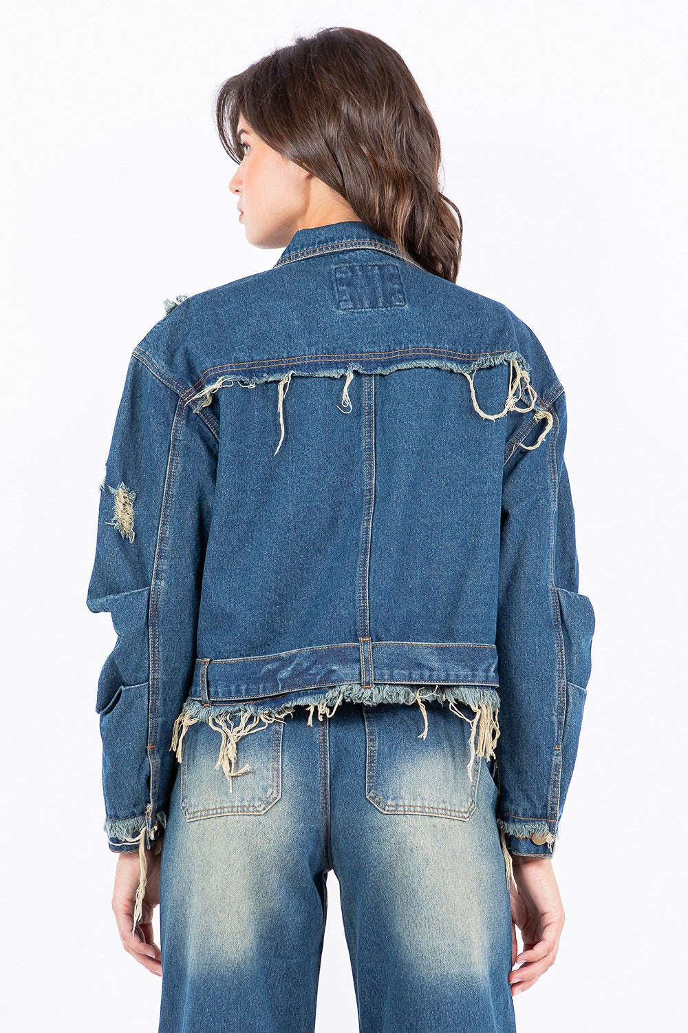 American Bazi Full Size Distressed Frayed Edge Zip Up Denim Jacket Plus Size - Love Salve
