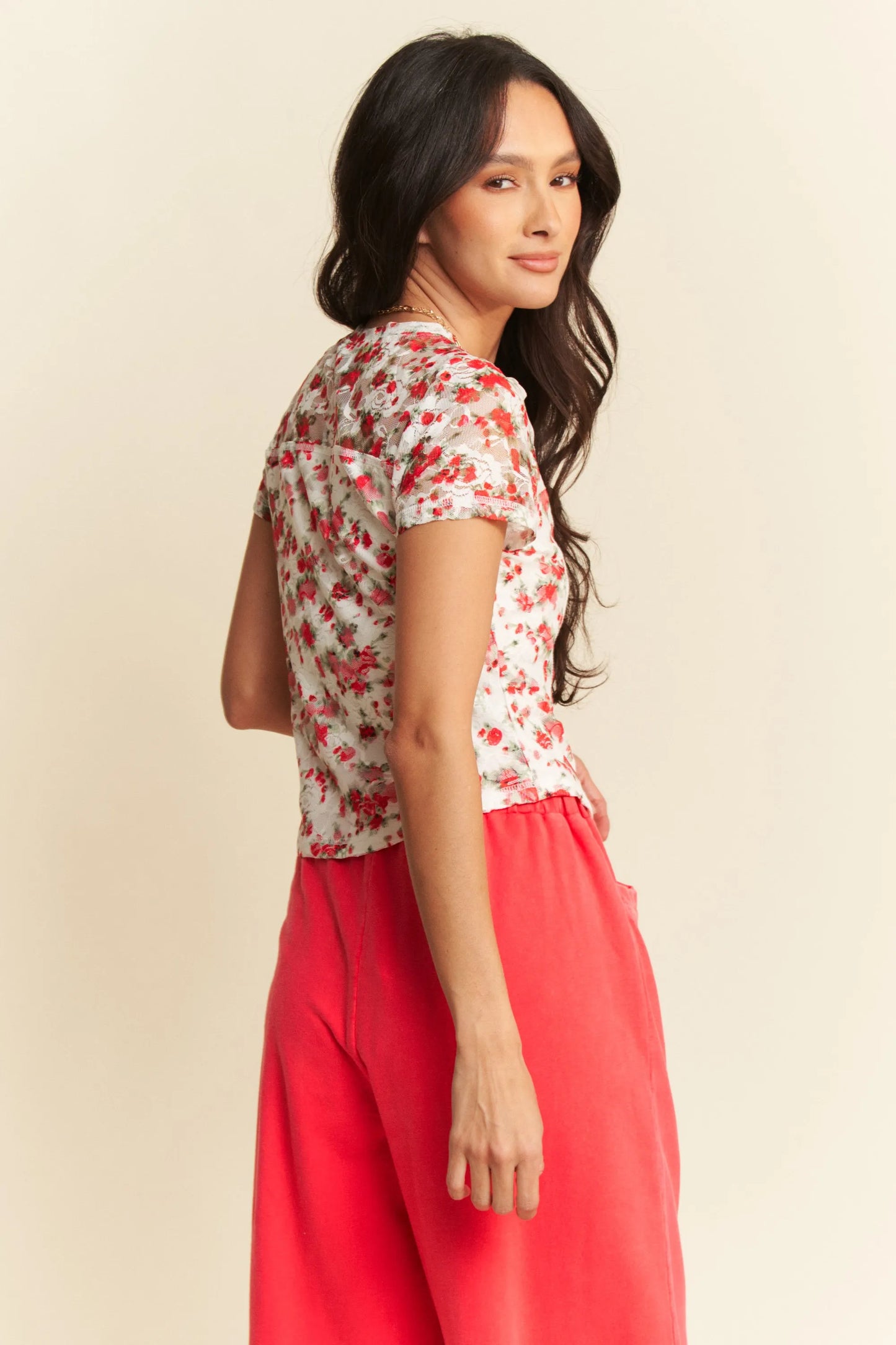 Davi & Dani Ribbon Short Sleeve Layered Mesh Top - Love Salve