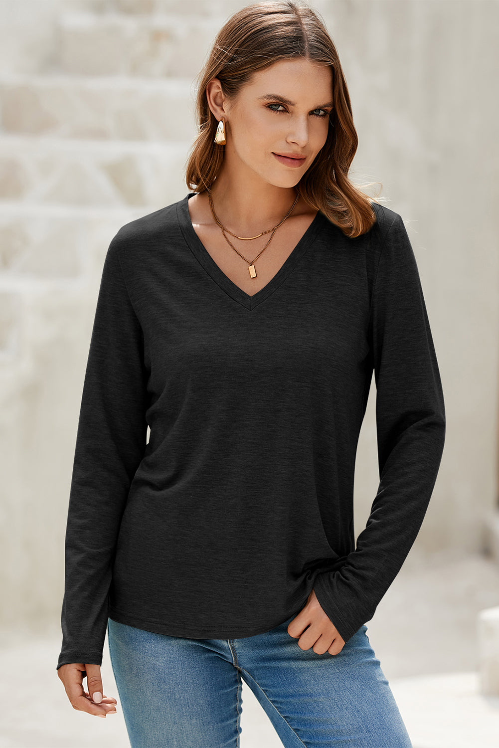 Black Casual Black Solid Color V Neck Long Sleeve Stretchy Top - View 5 by Dear-Lover Dropshipping