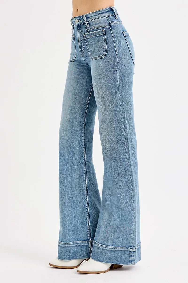 Risen Full Size High Rise Wide Flare Patch Pocket Jeans Plus Size - Love Salve