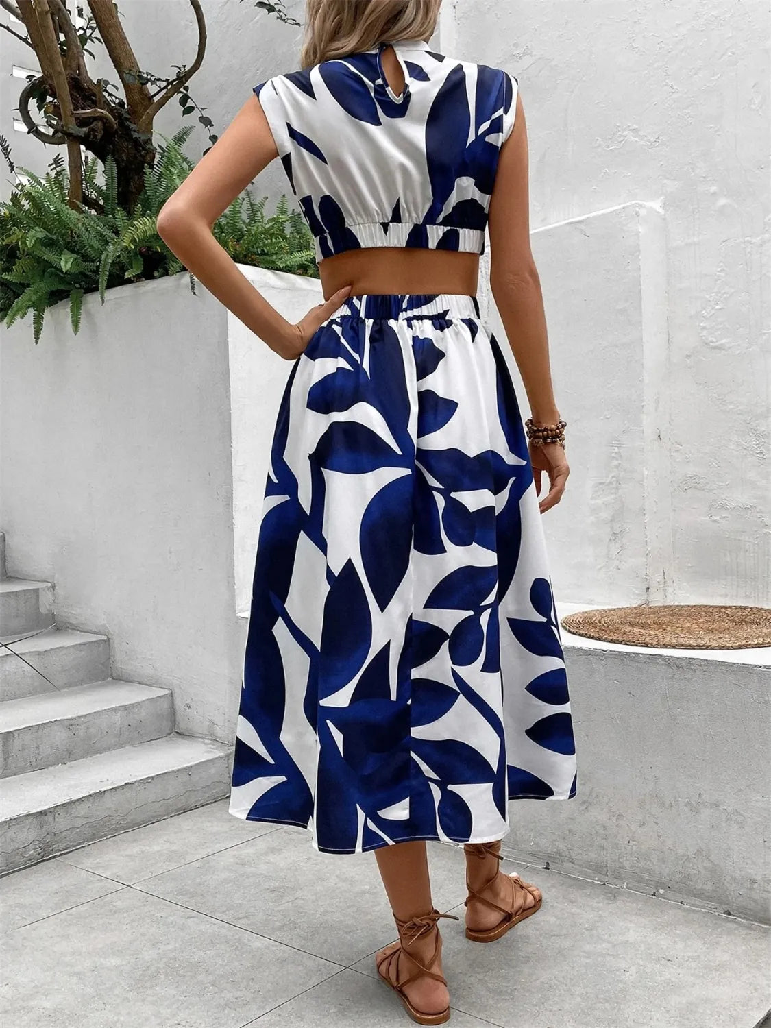 Tropical Cutout Cap Sleeve Midi Dress