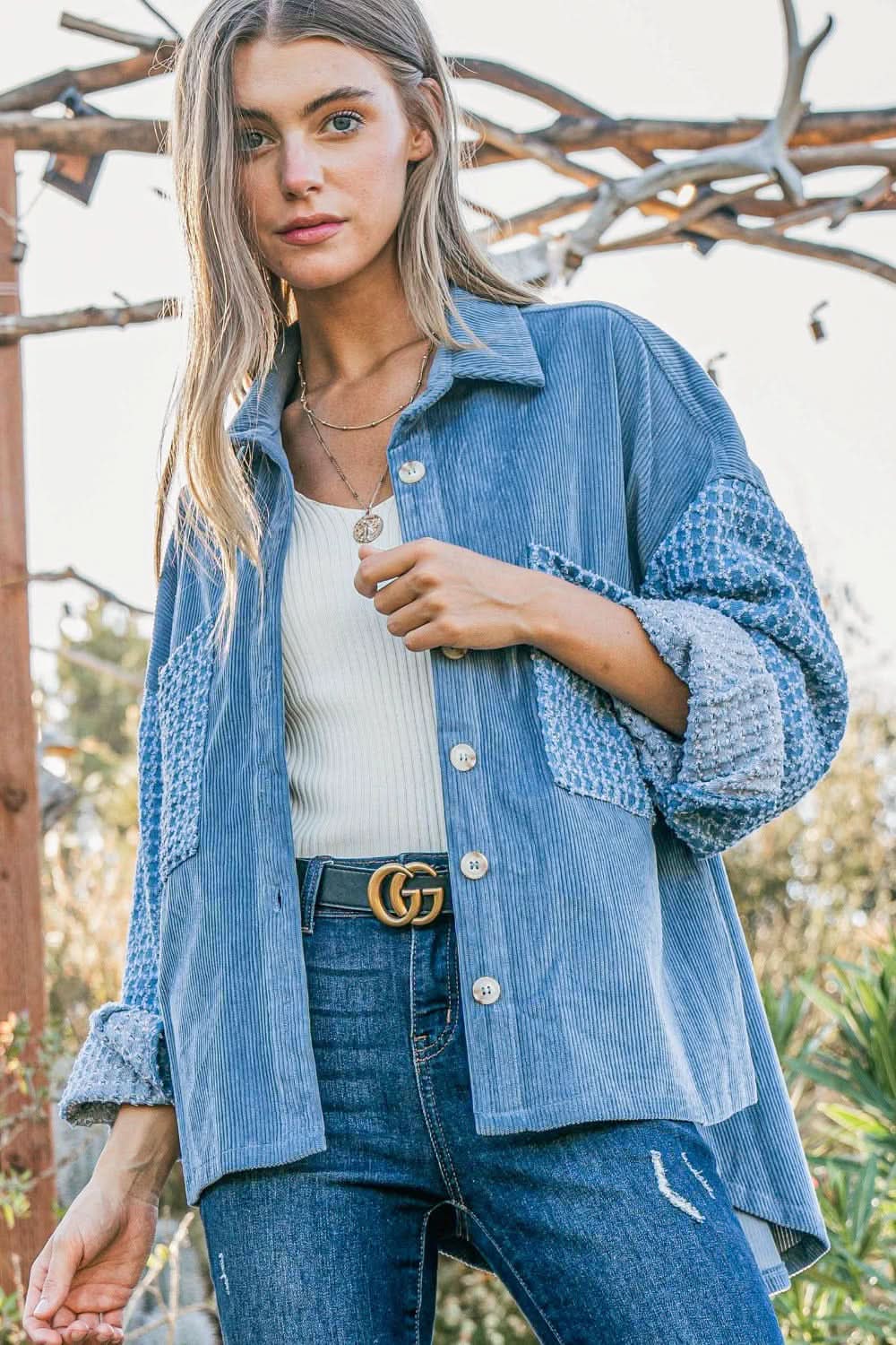And The Why Button Down Corduroy Contrast Texture Long Sleeve Shacket - Love Salve