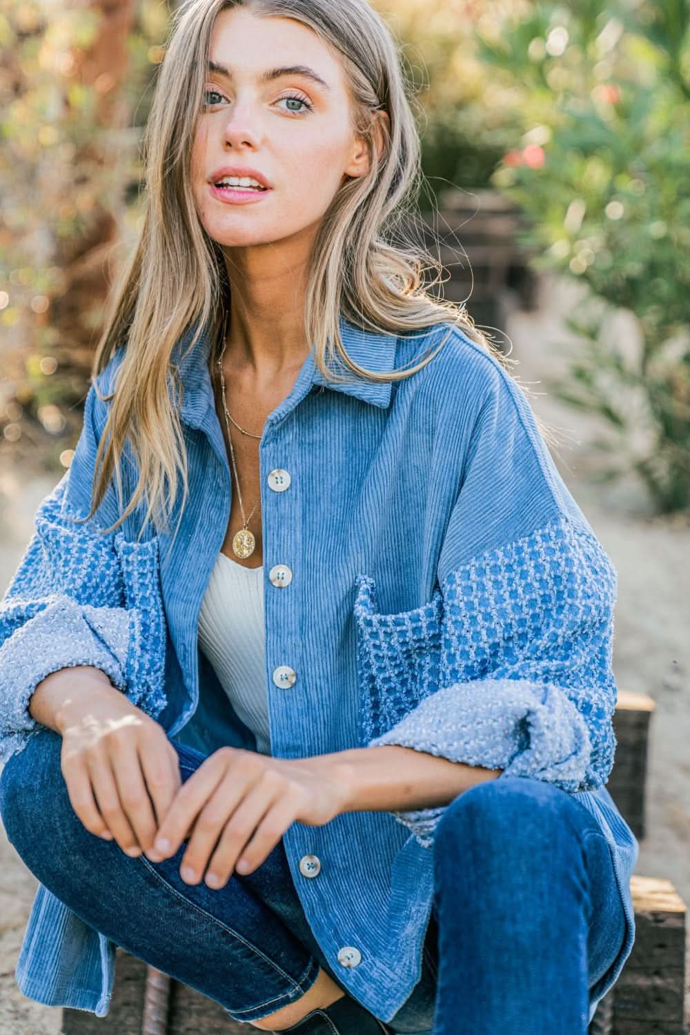 And The Why Button Down Corduroy Contrast Texture Long Sleeve Shacket - Love Salve