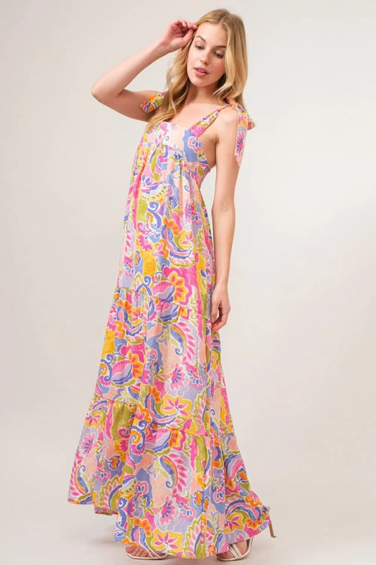 And The Why Full Size Printed Tie Shoulder Tiered Maxi Dress - Love Salve
