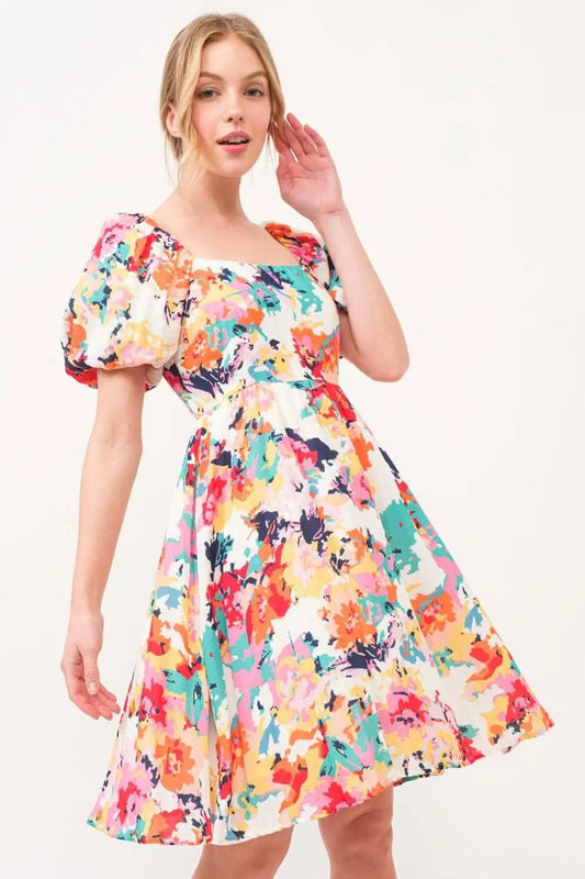 And The Why Square Neck Puff Sleeve Floral Dress Delight - Love Salve