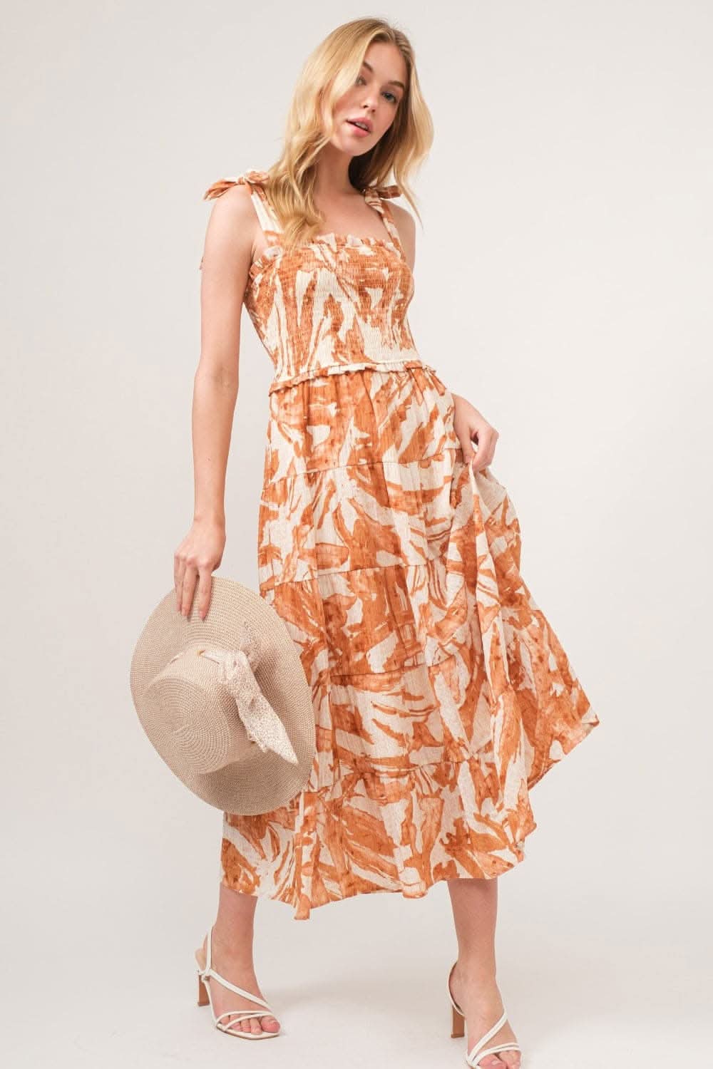And The Why Tie Shoulder Smocked Midi Tiered Dress - Love Salve