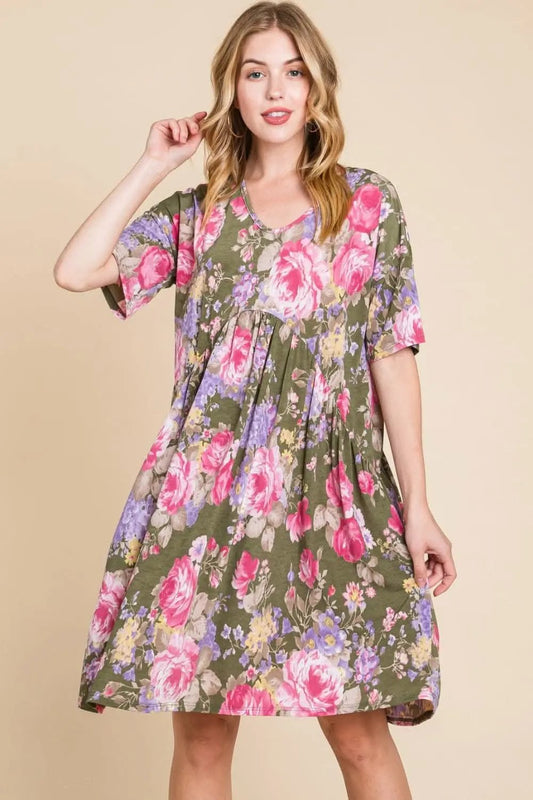 BOMBOM Flower Print V-Neck Ruched Dress for Effortless Elegance - Love Salve