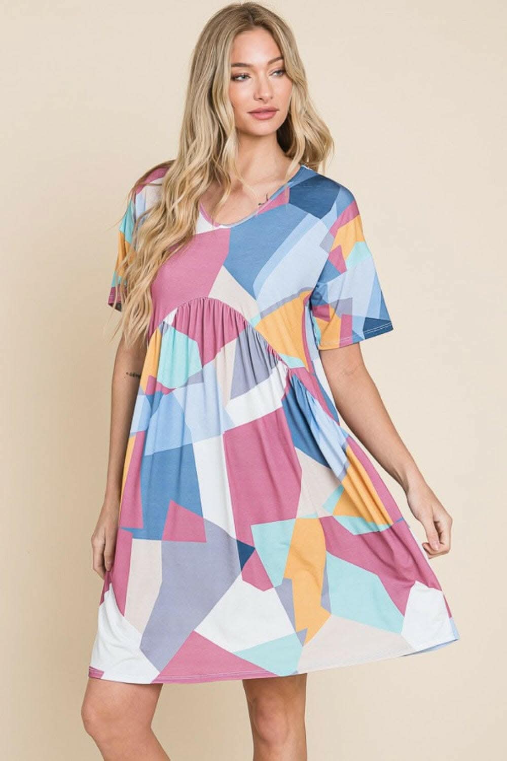 BOMBOM Ruched Color Block Short Sleeve Dress - Love Salve
