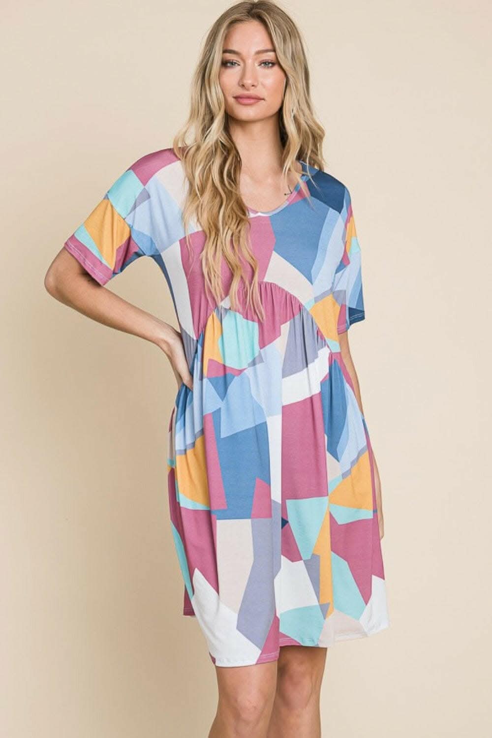BOMBOM Ruched Color Block Short Sleeve Dress - Love Salve