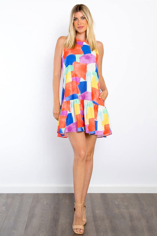 Be Stage Abstract Print Ruffle Hem Mini Dress with Pockets - Love Salve