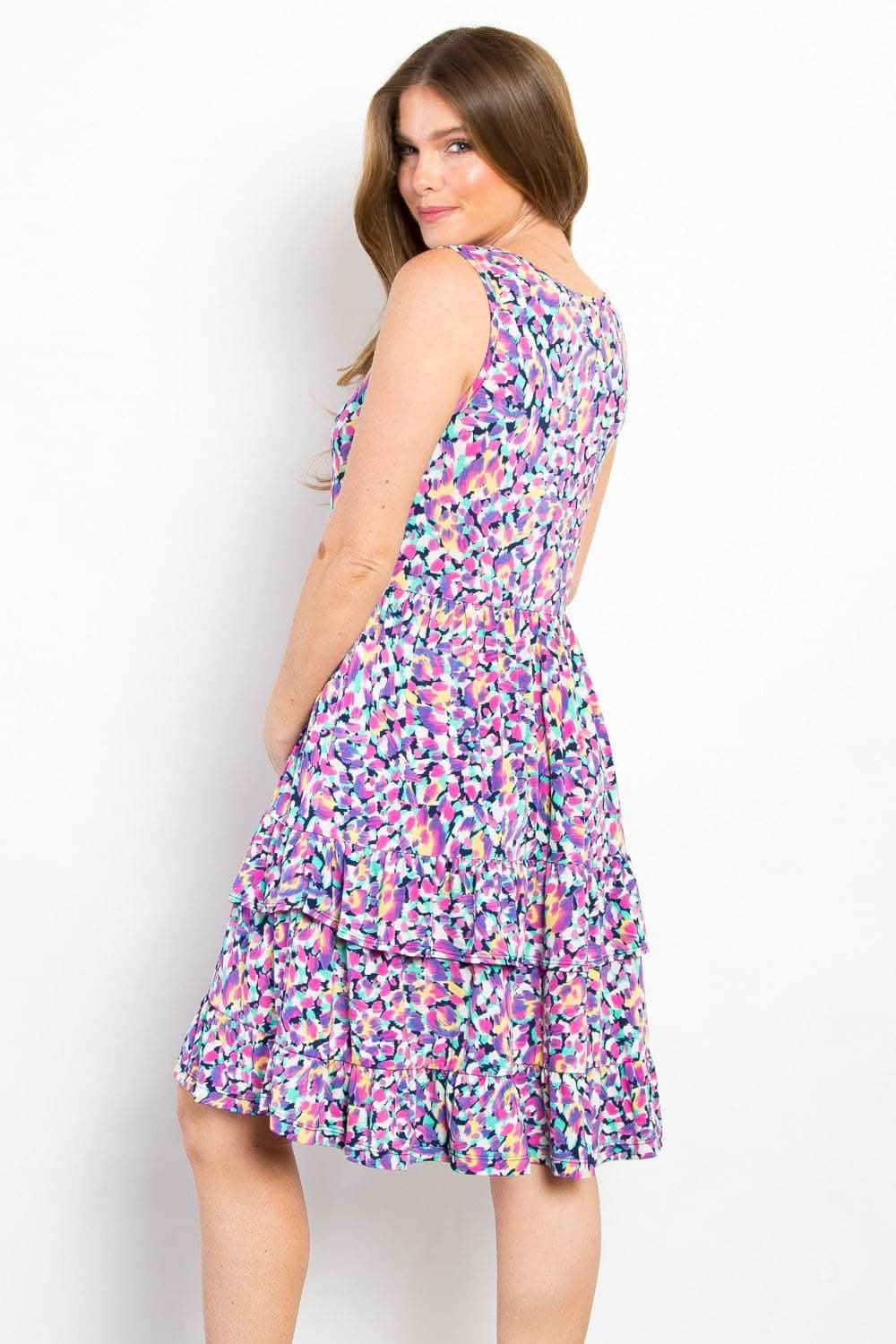 Be Stage Full Size Print Wrinkle Free Ruffled Dress Chic - Love Salve