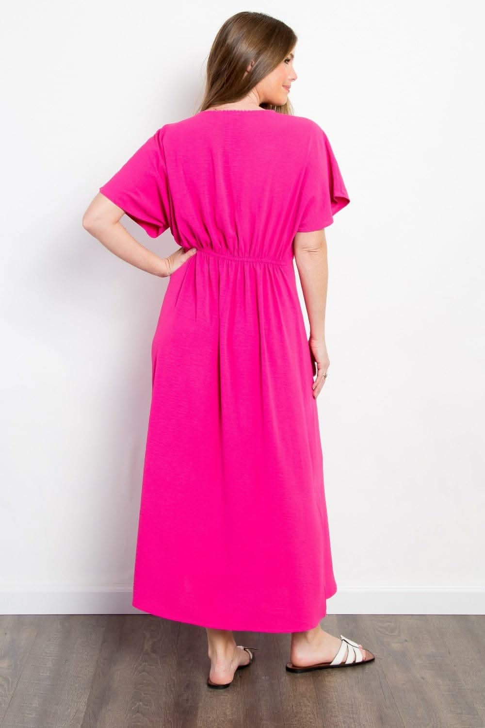 Be Stage Full Size Shirred Front Short Sleeve Maxi Dress - Love Salve