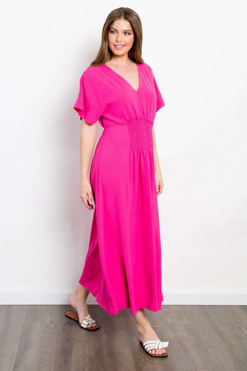 Be Stage Full Size Shirred Front Short Sleeve Maxi Dress - Love Salve