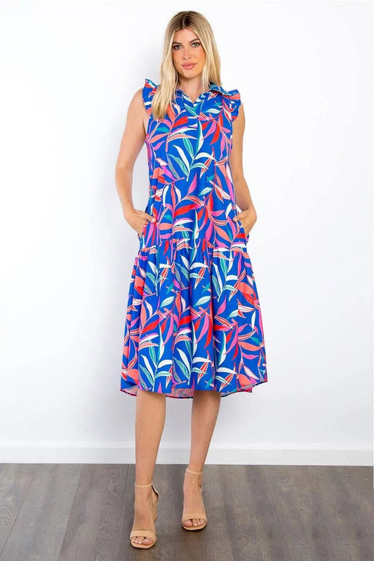 Be Stage Print Ruffled Midi Dress with Pockets Chic Style - Love Salve
