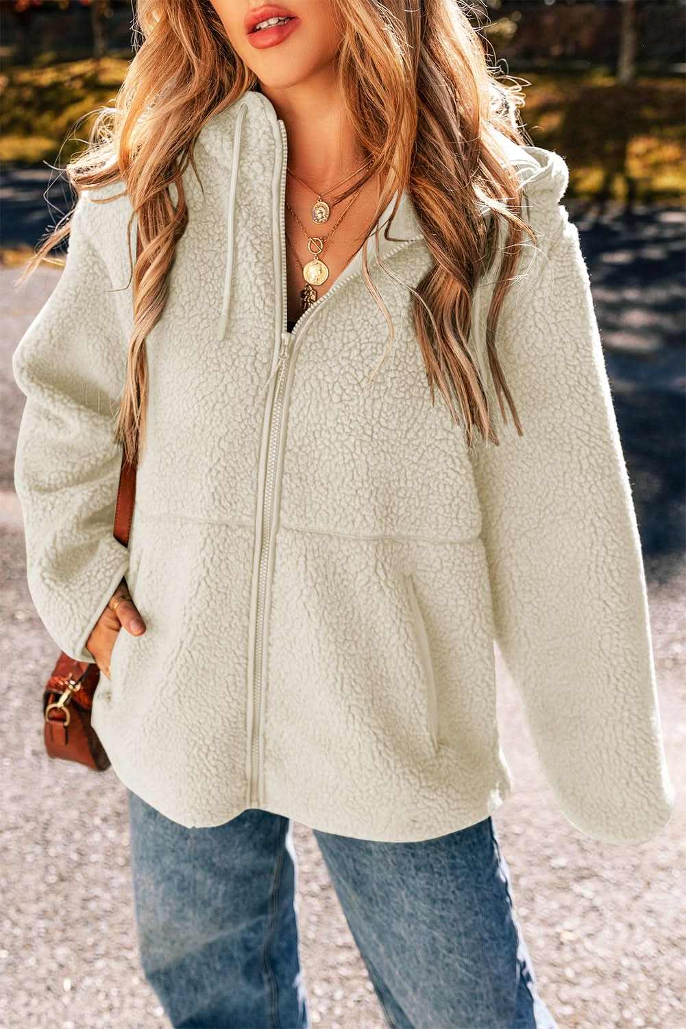 Beige Fleece Zip Up Drawstring Hooded Pocketed Jacket - Love Salve