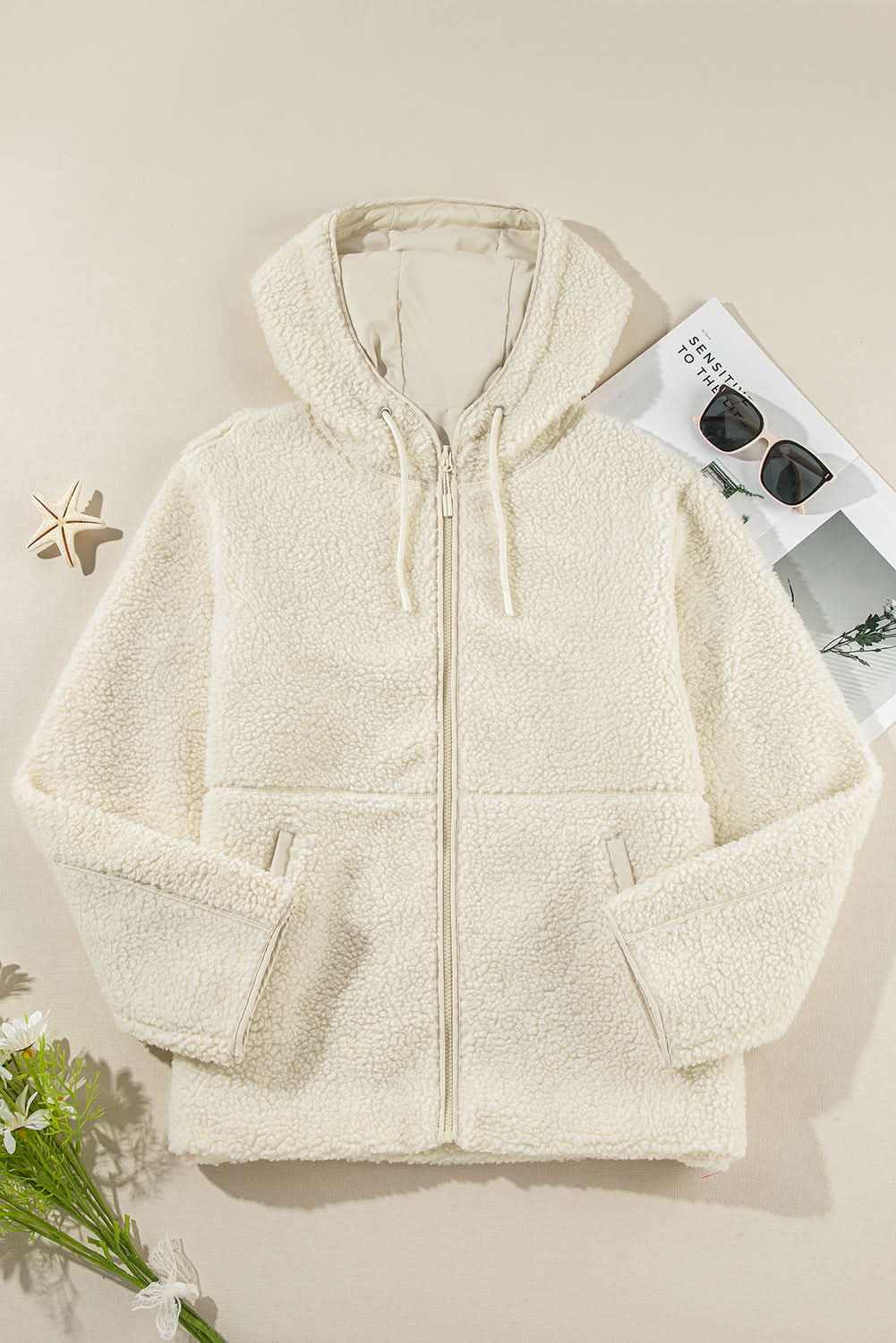 Beige Fleece Zip Up Drawstring Hooded Pocketed Jacket - Love Salve