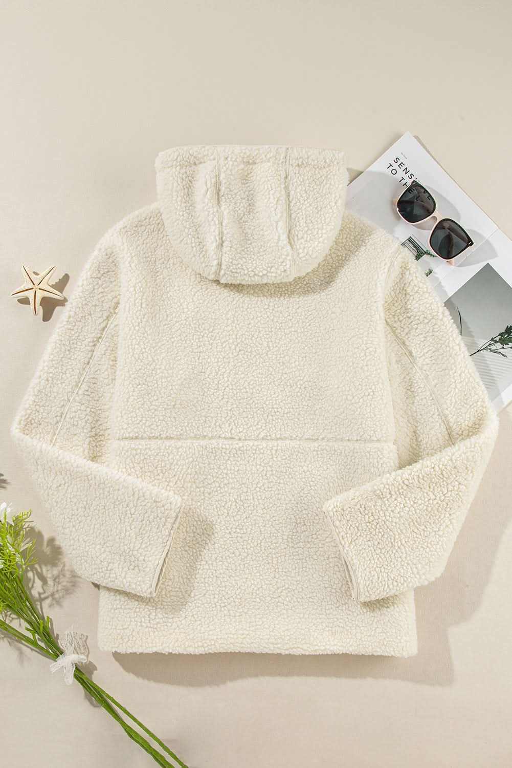 Beige Fleece Zip Up Drawstring Hooded Pocketed Jacket - Love Salve
