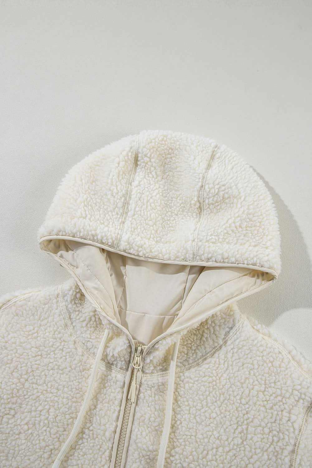 Beige Fleece Zip Up Drawstring Hooded Pocketed Jacket - Love Salve