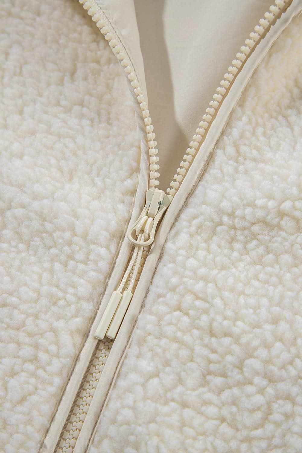 Beige Fleece Zip Up Drawstring Hooded Pocketed Jacket - Love Salve