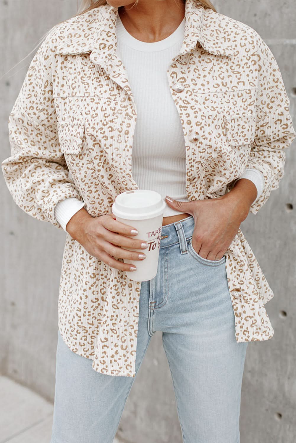 Beige Leopard Print Flap Pockets Buttoned Corduroy Shacket - Love Salve