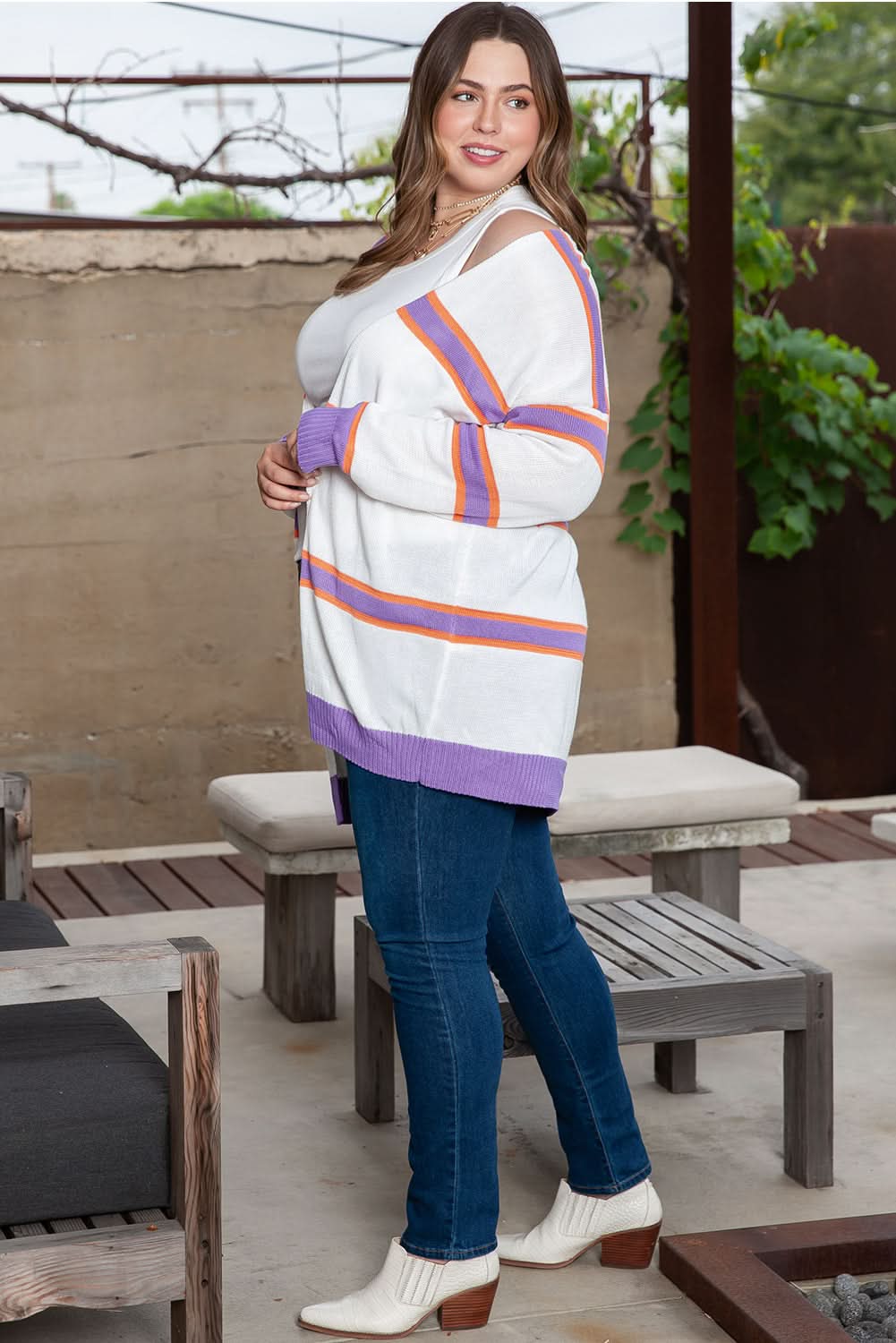 Beige Plus Size Striped Cardigan - Love Salve