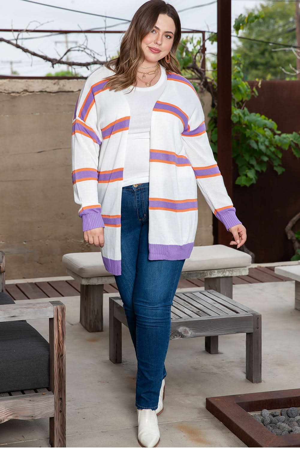 Beige Plus Size Striped Cardigan - Love Salve