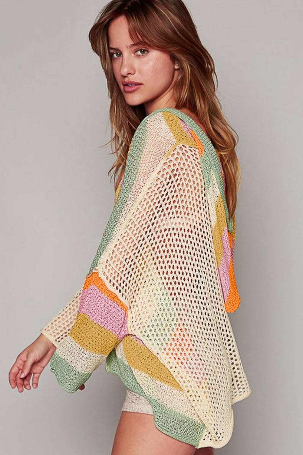 Beige Pointelle Knit Colorblock Patchwork V Neck Hooded Plus Sweater - Love Salve