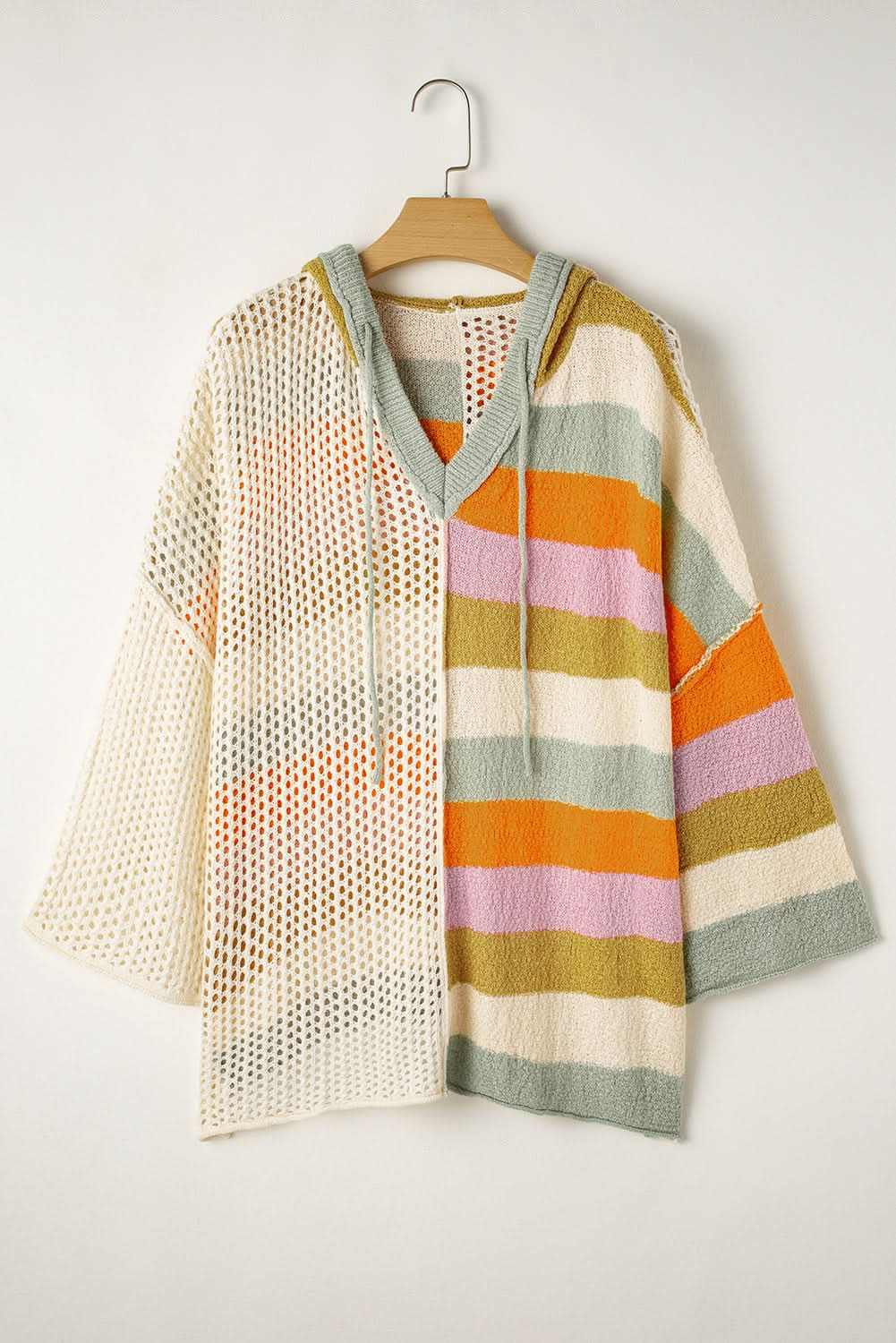 Beige Pointelle Knit Colorblock Patchwork V Neck Hooded Plus Sweater - Love Salve