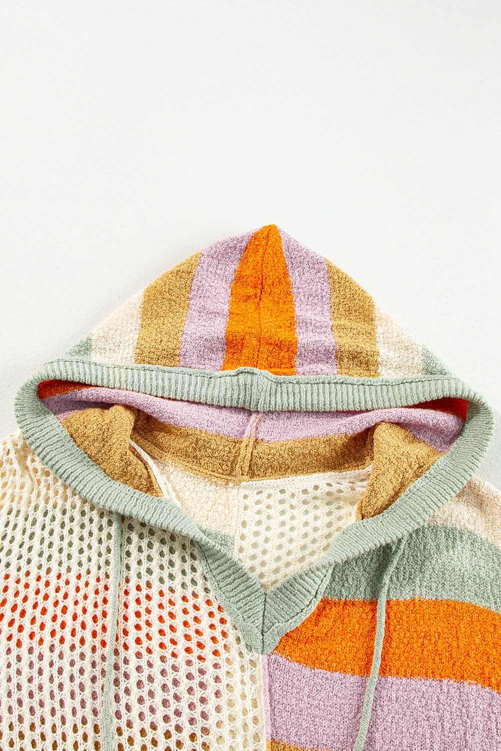 Beige Pointelle Knit Colorblock Patchwork V Neck Hooded Plus Sweater - Love Salve