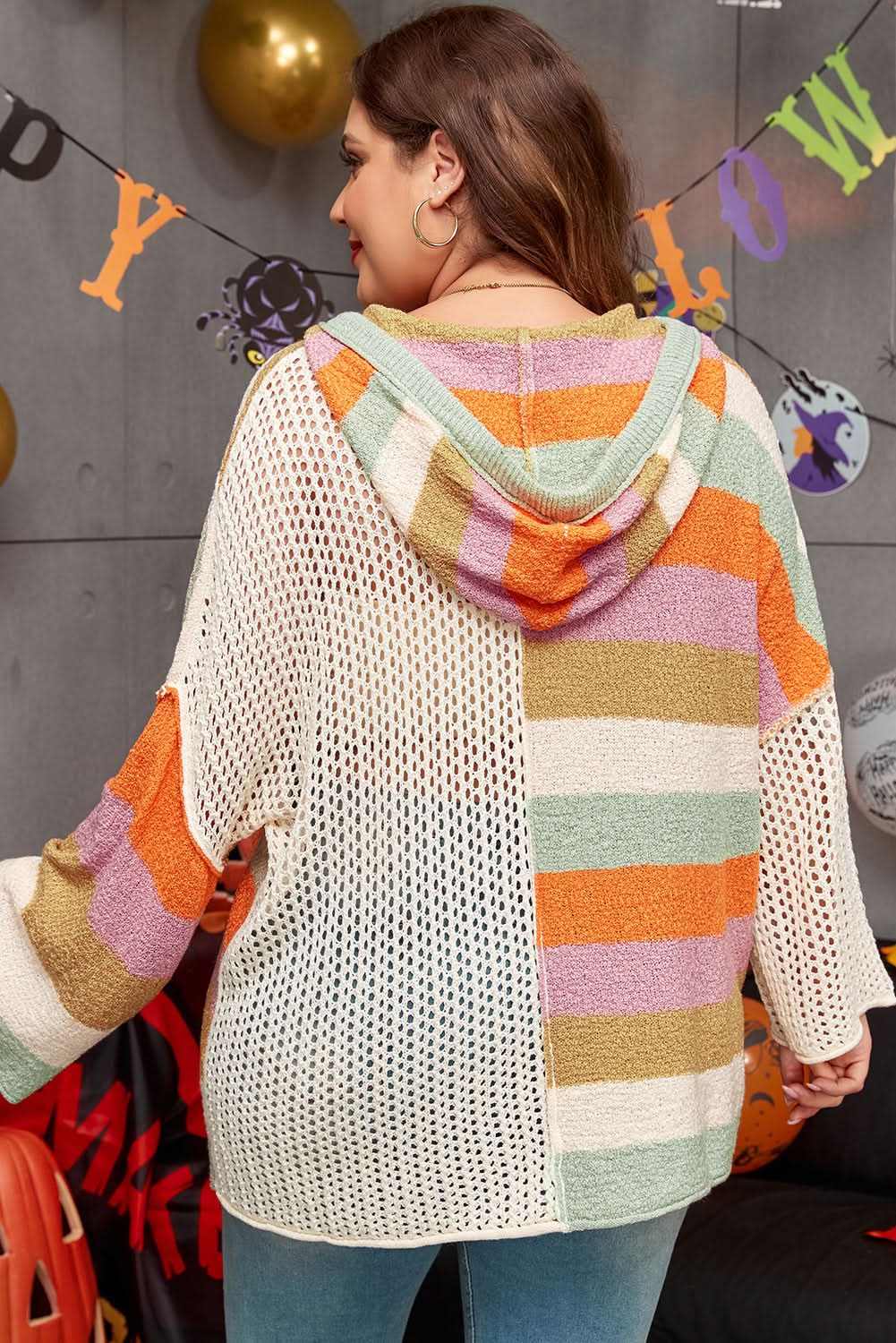 Beige Pointelle Knit Colorblock Patchwork V Neck Hooded Plus Sweater - Love Salve