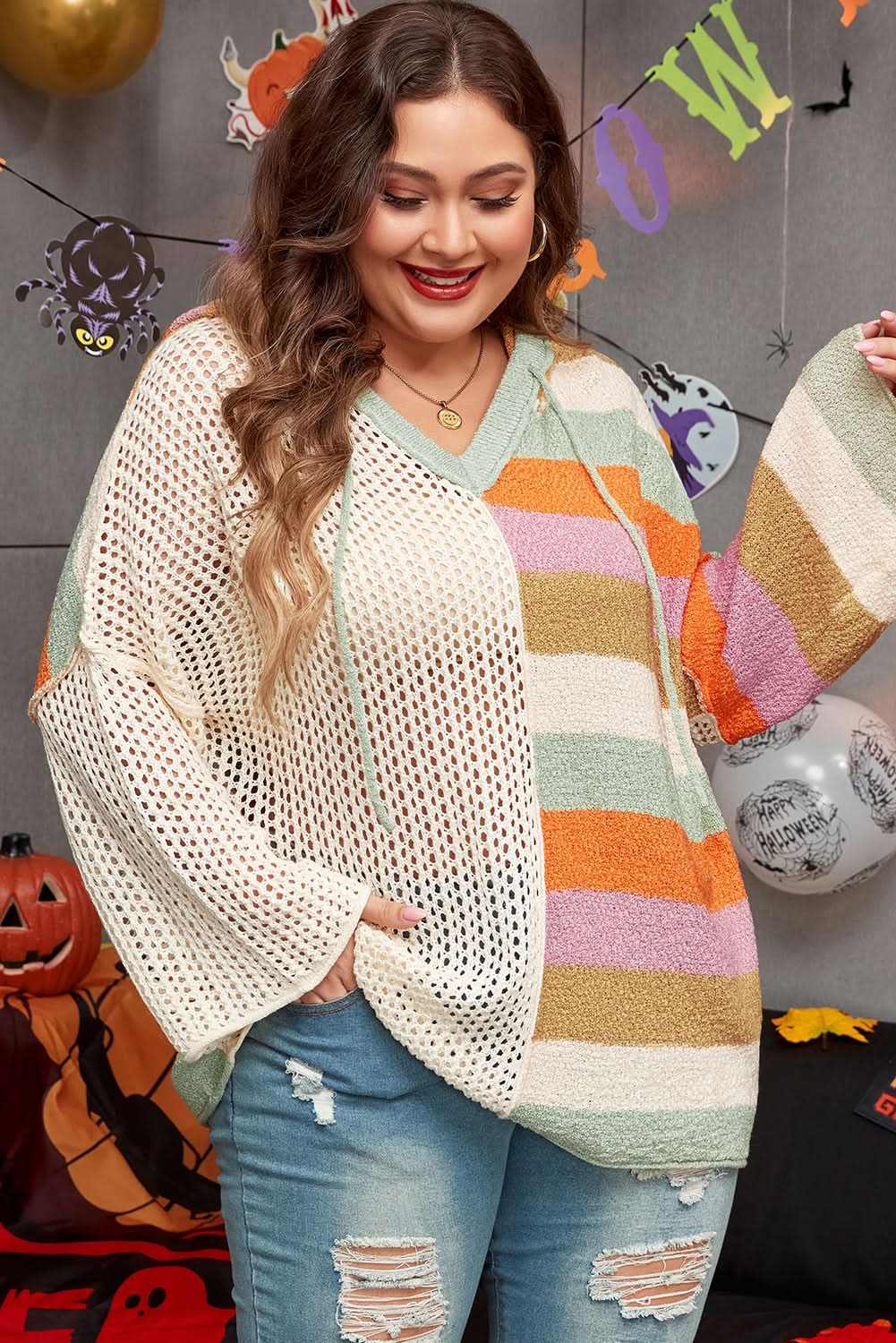 Beige Pointelle Knit Colorblock Patchwork V Neck Hooded Plus Sweater - Love Salve