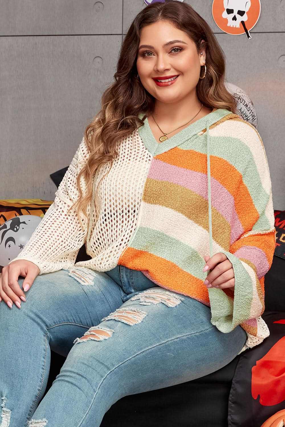 Beige Pointelle Knit Colorblock Patchwork V Neck Hooded Plus Sweater - Love Salve