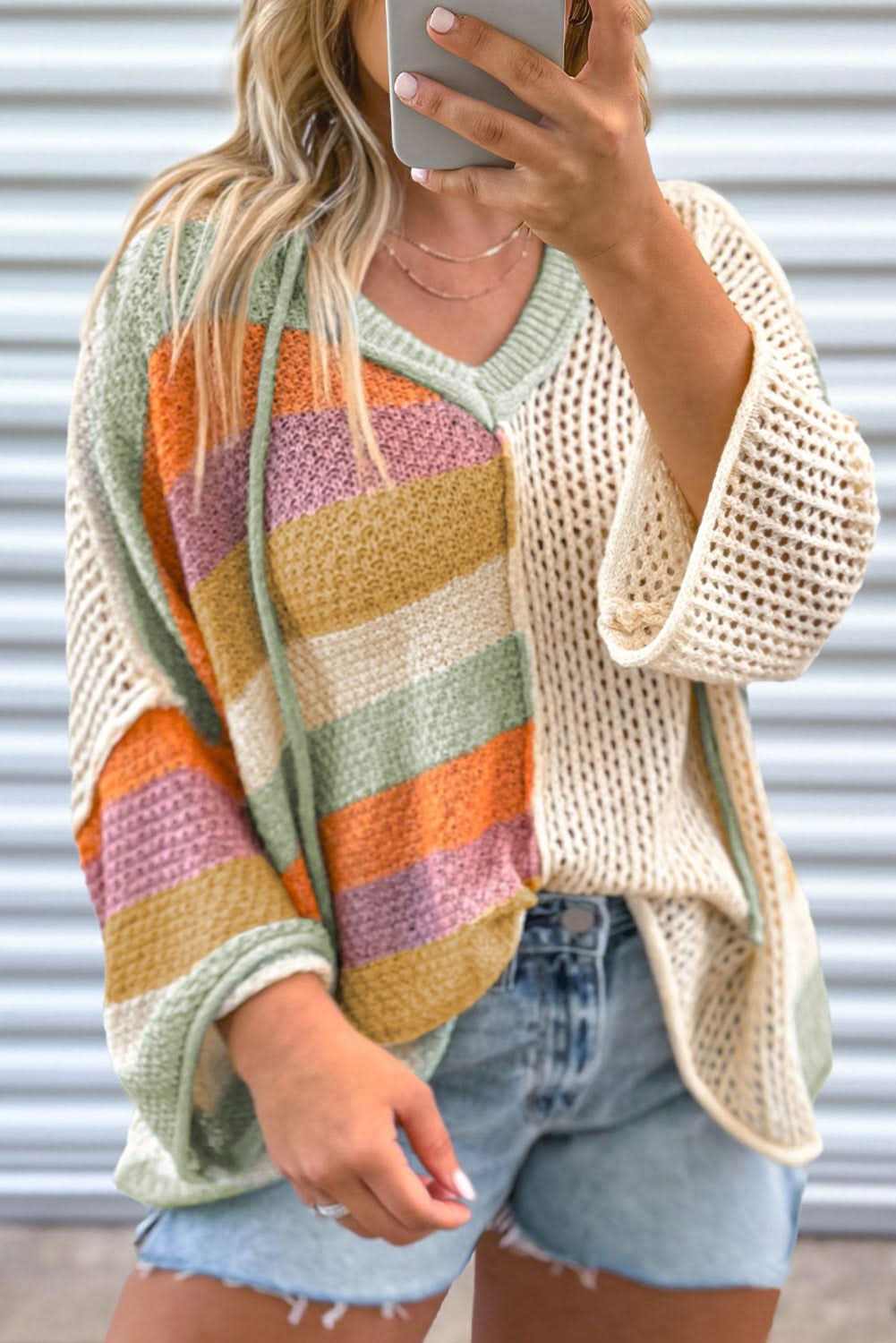 Beige Pointelle Knit Colorblock Patchwork V Neck Hooded Plus Sweater - Love Salve