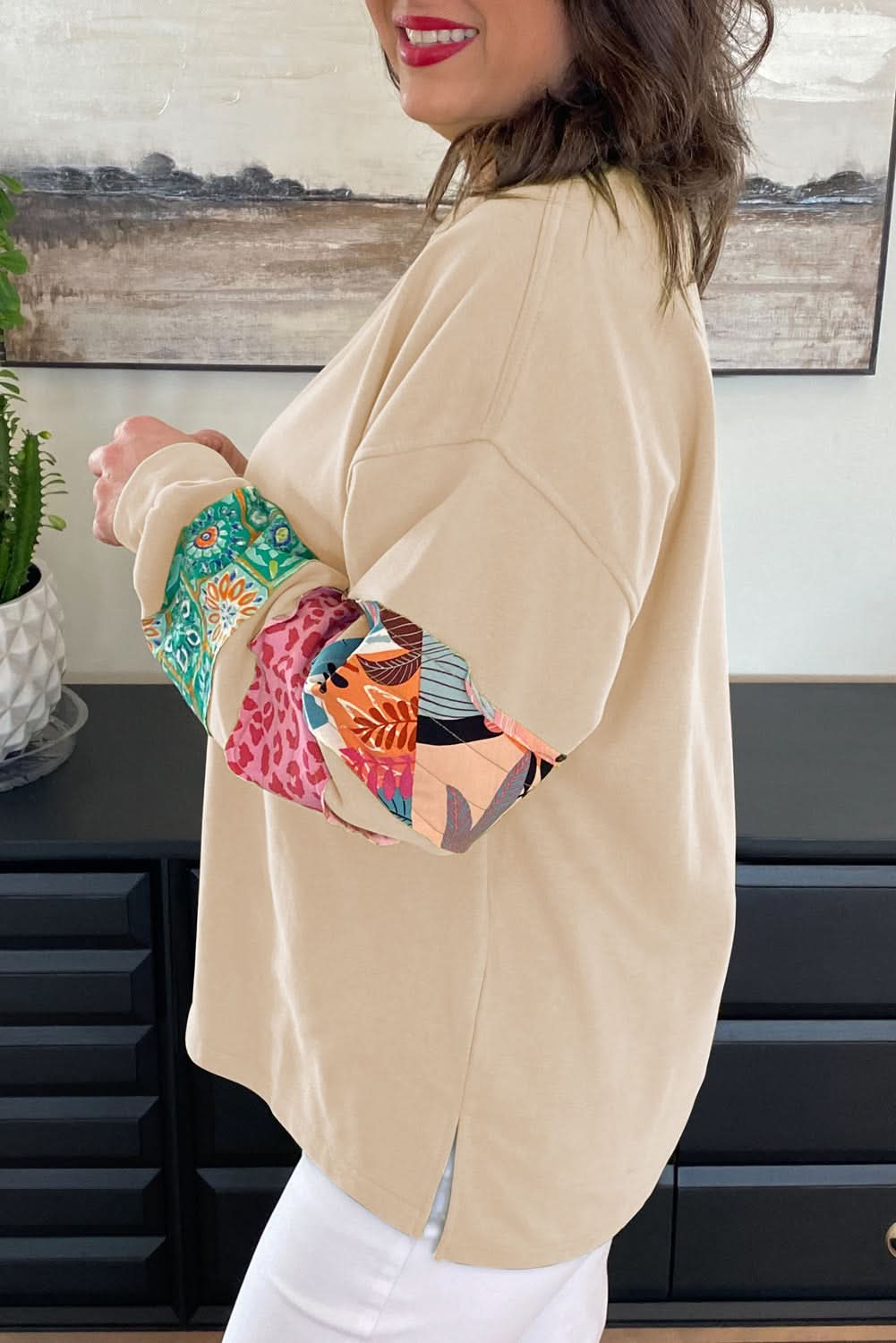 Beige plus size patchwork sweatshirt - Love Salve