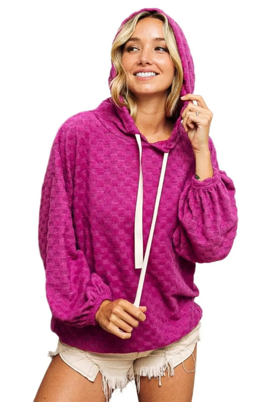BiBi Brushed Checker Drawstring Long Sleeve Hoodie - Love Salve