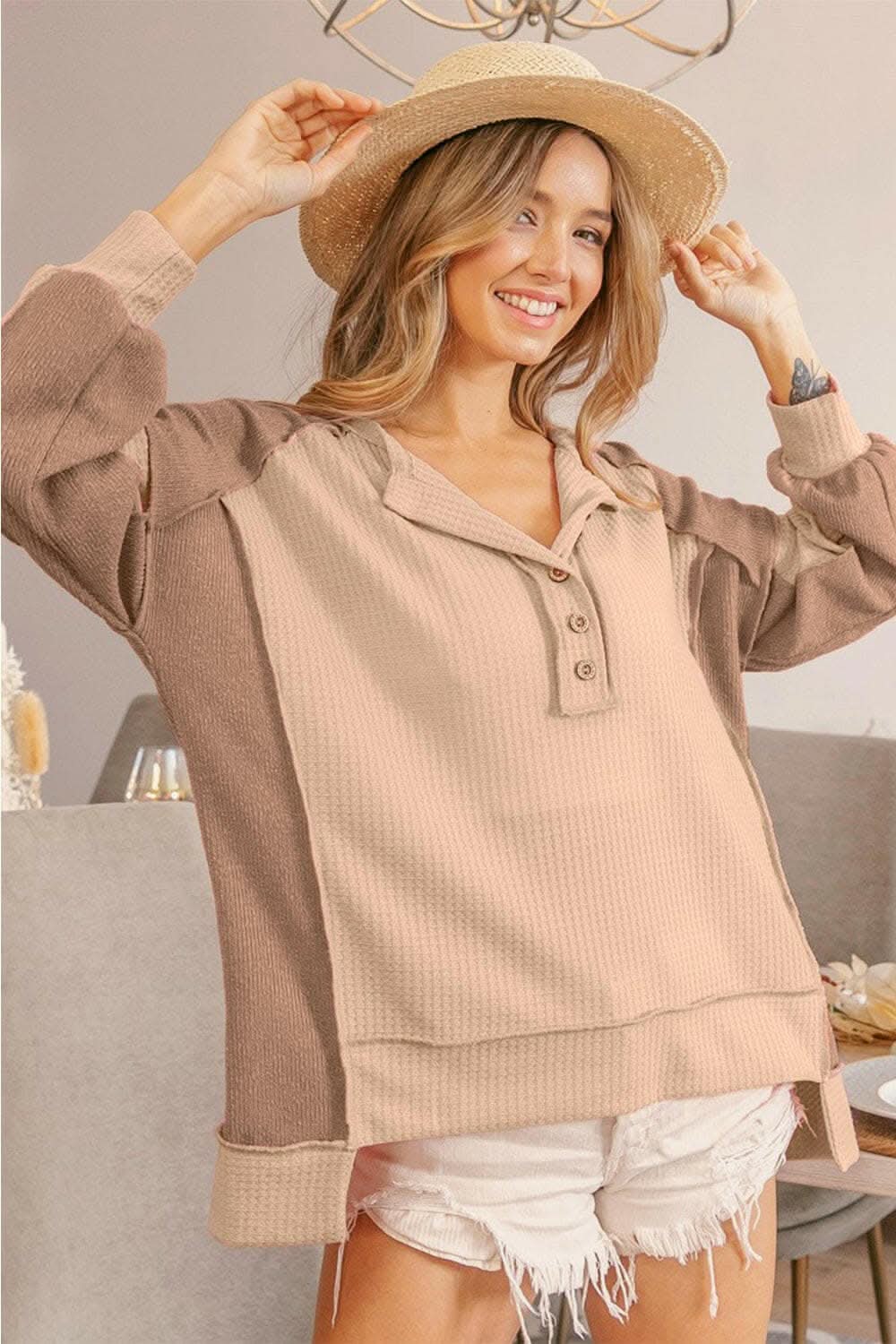 BiBi Half Button Exposed Seam Contrast Waffle Top - Love Salve