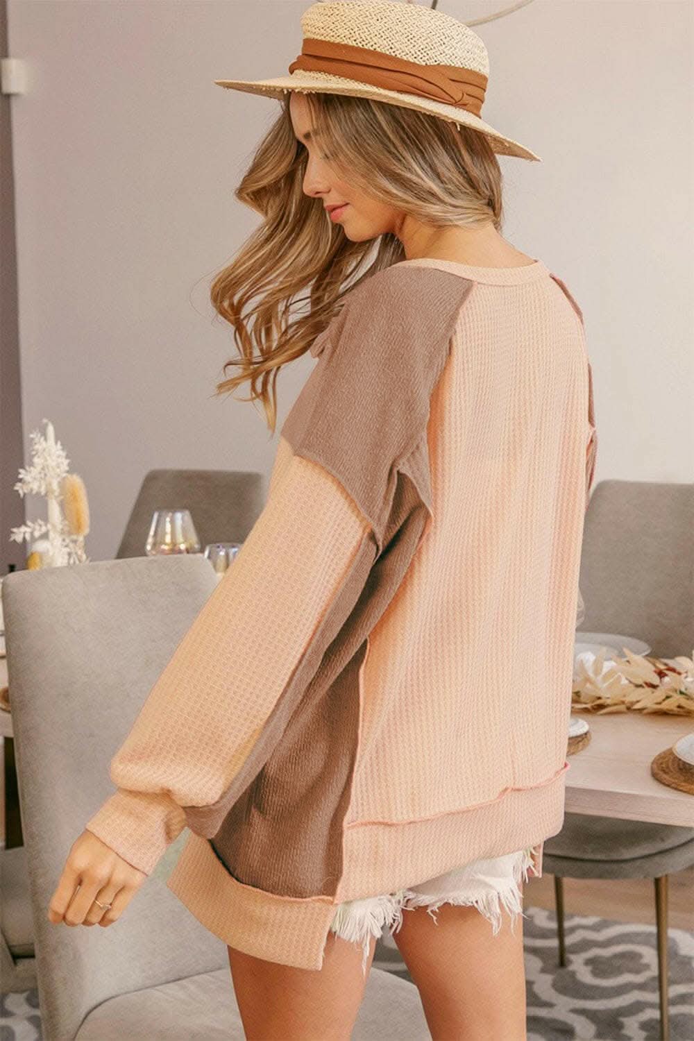 BiBi Half Button Exposed Seam Contrast Waffle Top - Love Salve