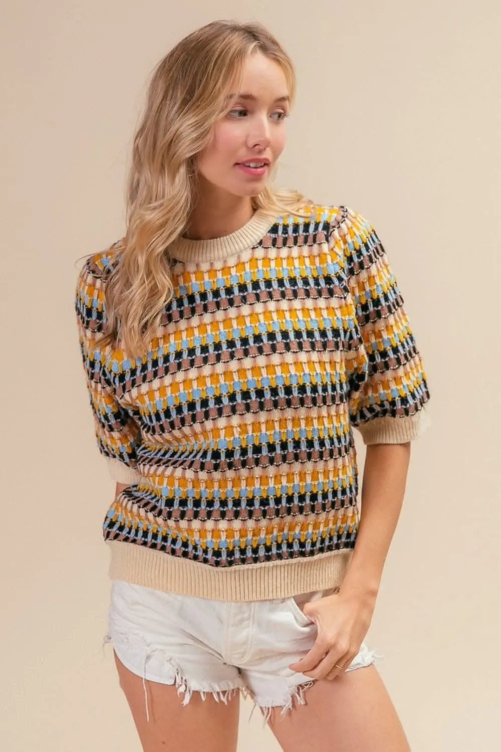 BiBi Multi Color Half Sleeve Sweater - Love Salve