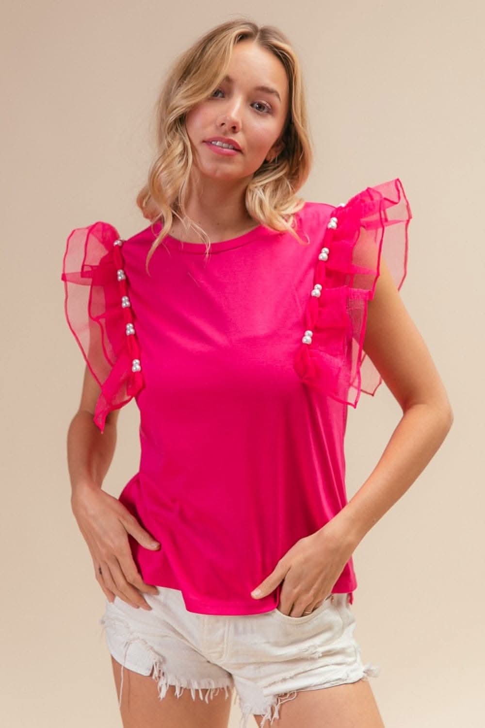 BiBi Pearl Decor Mesh Ruffle Sleeve Top - Love Salve
