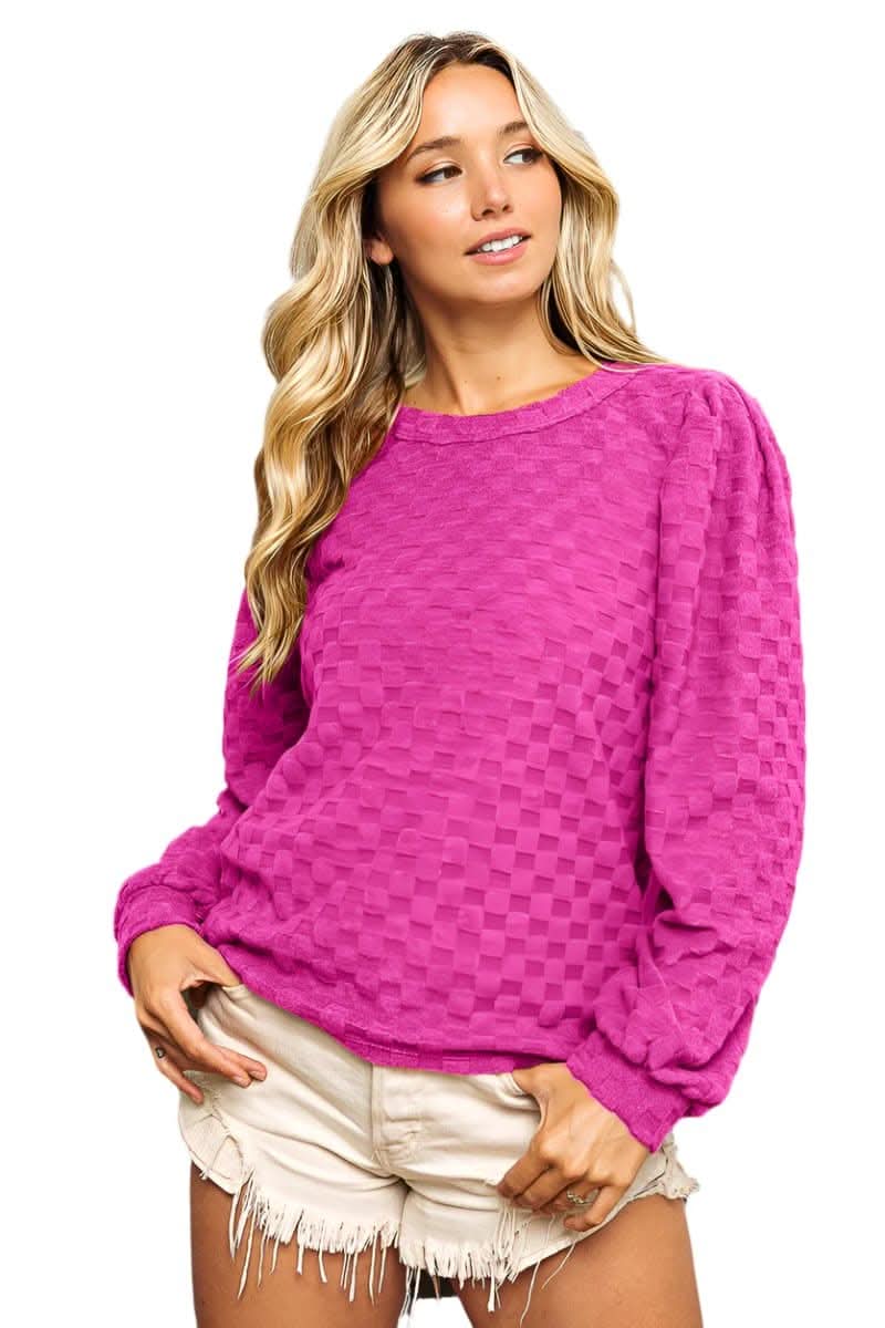 BiBi Round Neck Brushed Checker Top - Love Salve