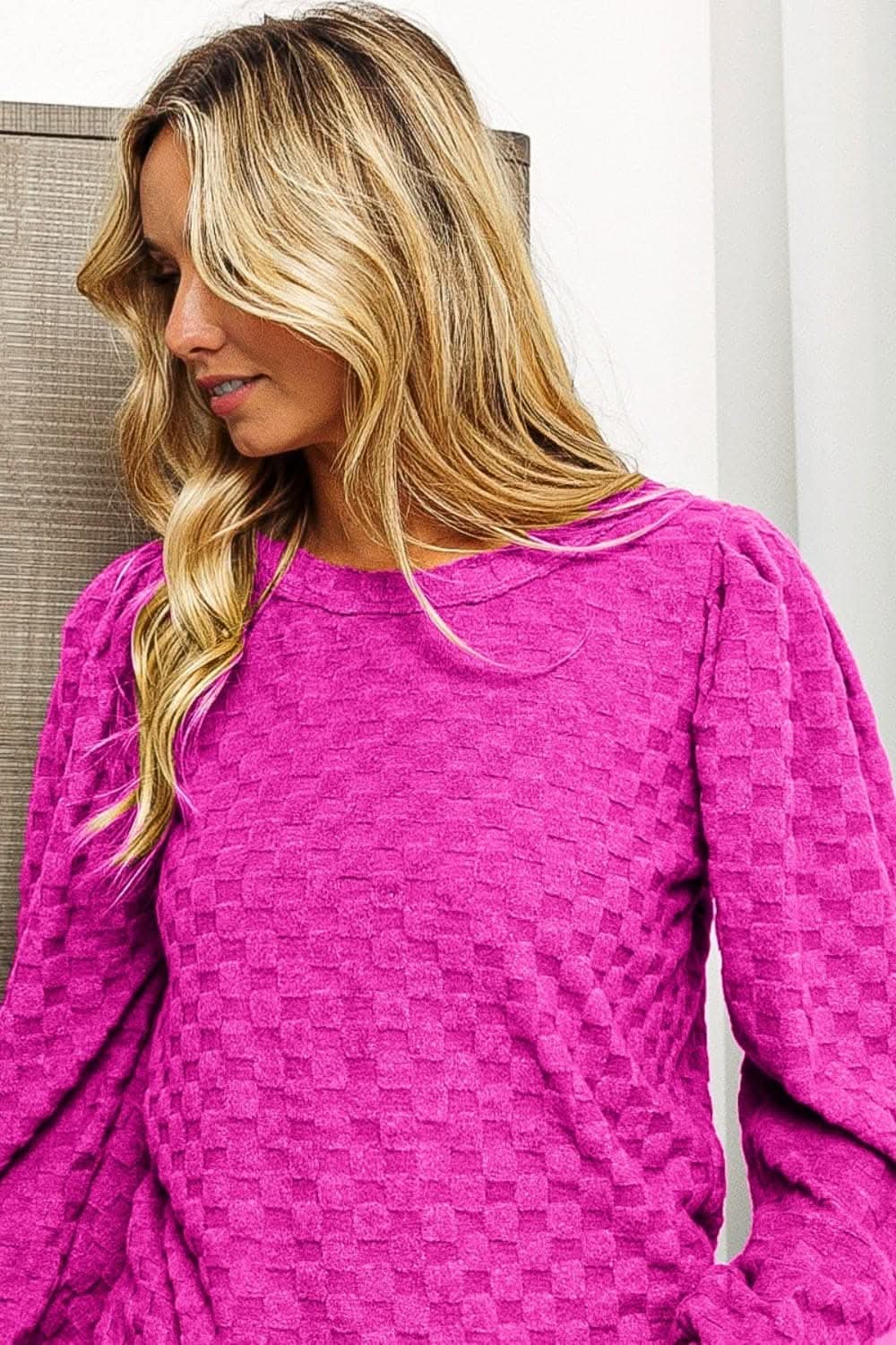 BiBi Round Neck Brushed Checker Top - Love Salve