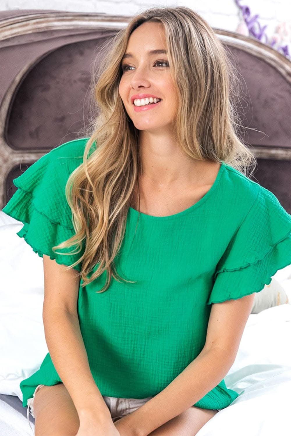 BiBi Ruffle Sleeve Wrinkled Cotton Gauze Top - Love Salve