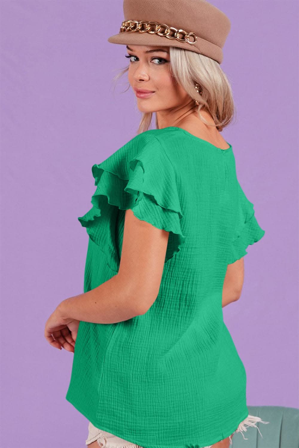 BiBi Ruffle Sleeve Wrinkled Cotton Gauze Top - Love Salve