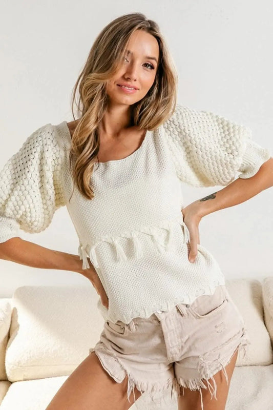 BiBi Tassel Detail Textured Square Neck Sweater - Love Salve