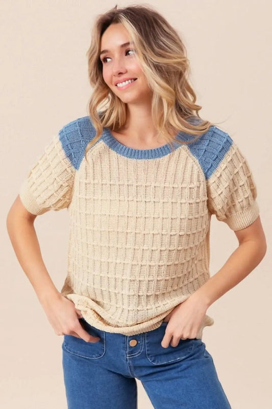 BiBi Textured Contrast Short Sleeve Sweater - Love Salve