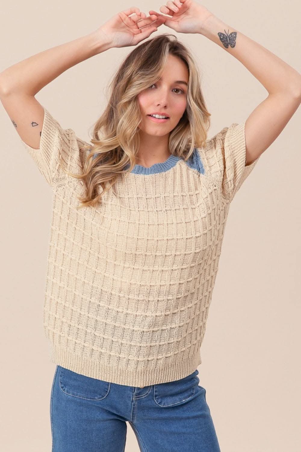 BiBi Textured Contrast Short Sleeve Sweater - Love Salve
