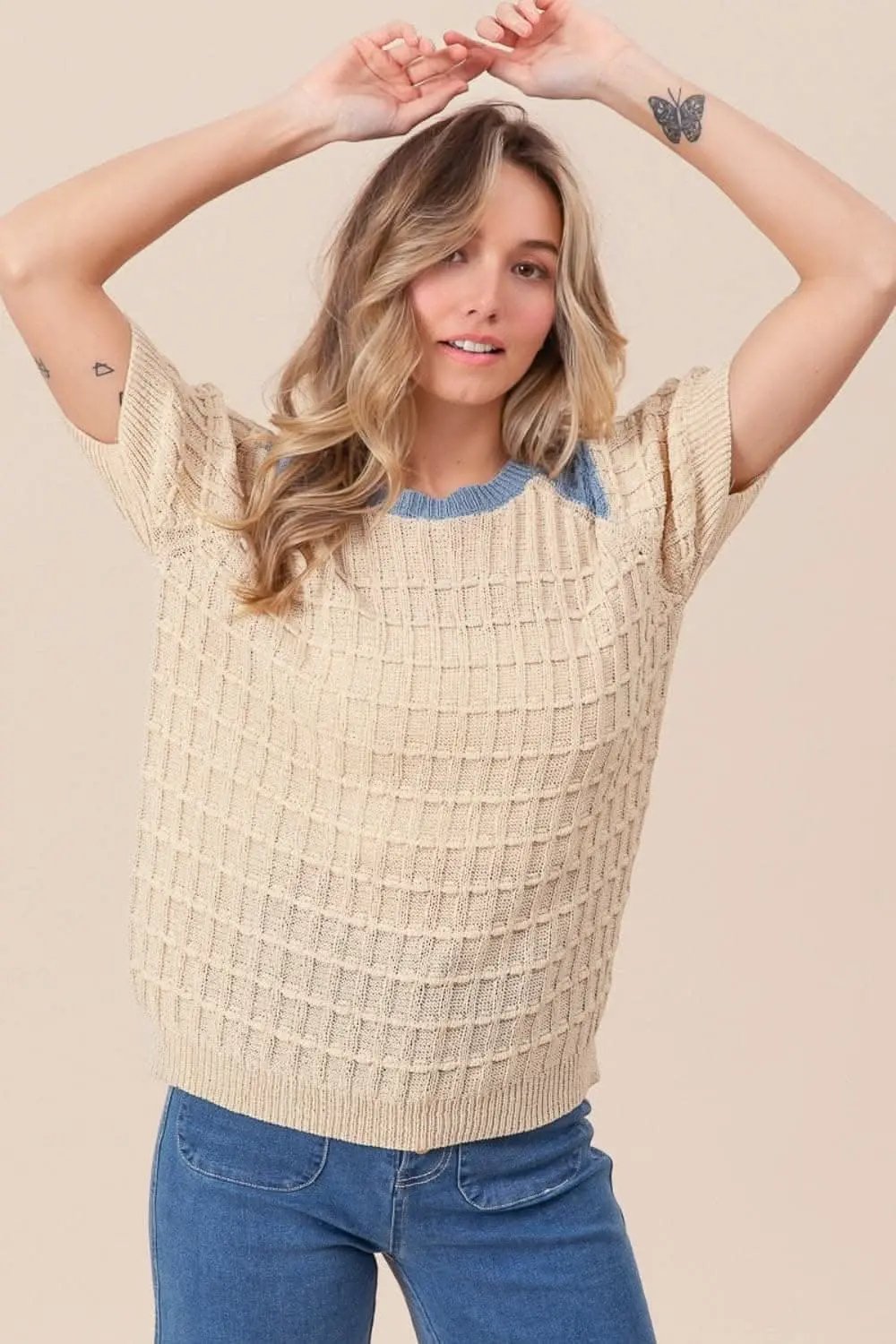 BiBi Textured Contrast Short Sleeve Sweater - Love Salve